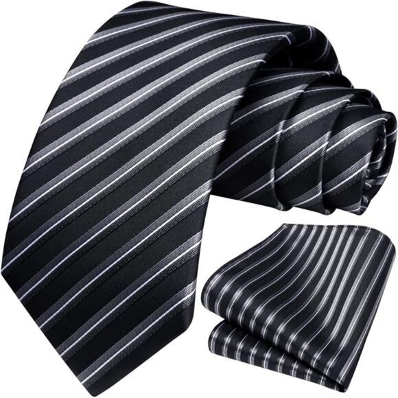 Stripe Tie Mens Ties with Pocket Square Set Classic 3.4'' Silk Formal Necktie - Picture 2 of 7